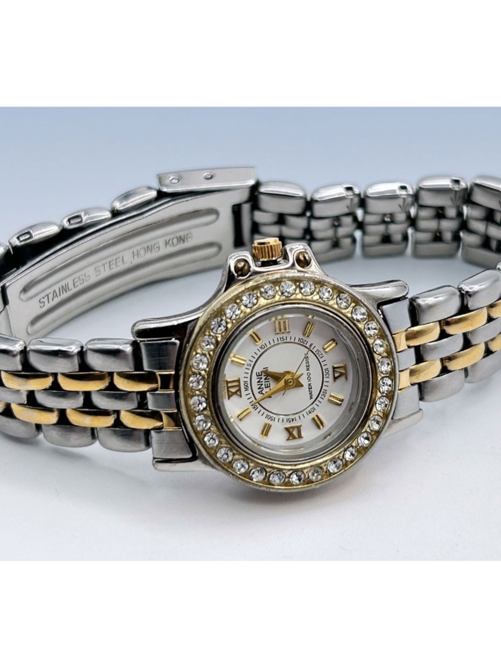 Vintage ANNE KLEIN II Women's Crystal Accent Two-Tone Petite Bracelet WATCH